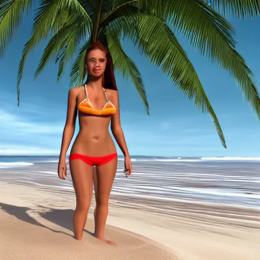 Image similar to a woman in a bikini on the beach in sao paulo, 8k, detailed, 3d