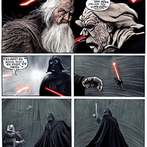 Image similar to gandalf fighting darth vader,