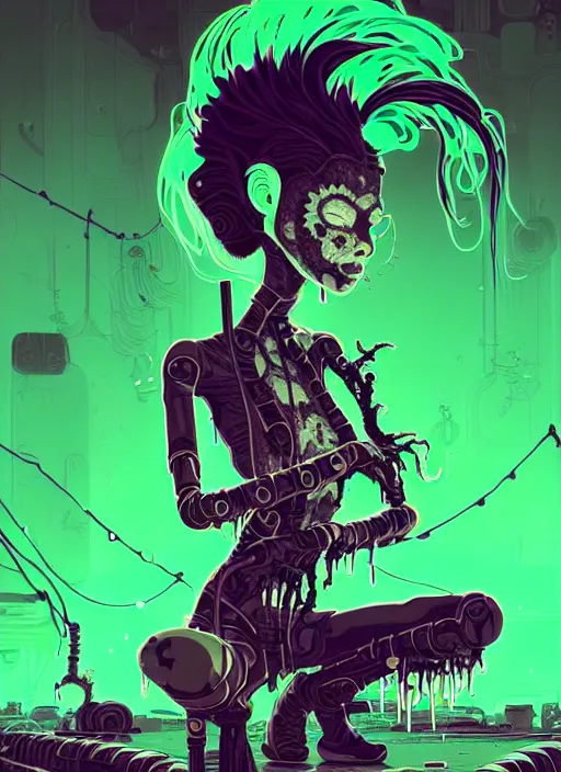 Image similar to highly detailed portrait of an angry wasteland punk long dripping green poison hair tribal lady, stray wiring by atey ghailan, james gilleard, by joe fenton, by greg rutkowski, by greg tocchini, by kaethe butcher, 4 k resolution, gradient purple, brown black and white color scheme!!! ( ( green flaming robotic sewer background ) )