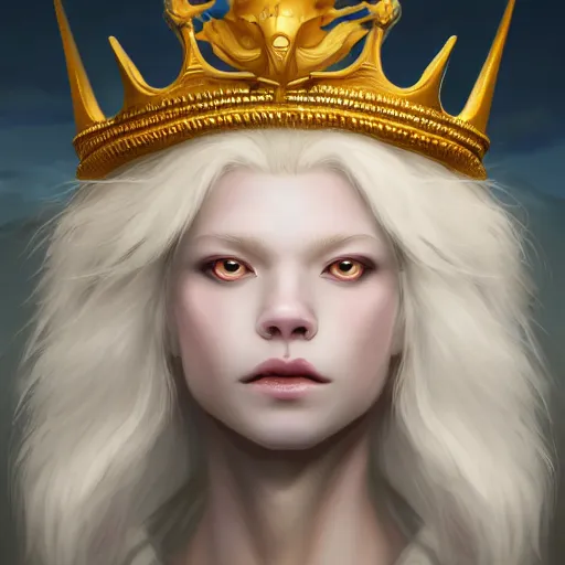 Prompt: a beautfiul aesthetic commission portrait of a anthro albino lion wearing a king's crown,attractive beautiful face,detailes face,expression,natural lighting,fantasy art,deviantart,artstation,character design by charles bowater,ross tran,4k,photorealistic