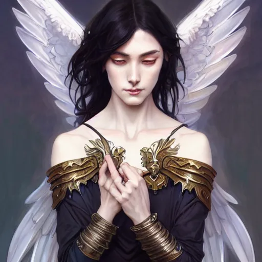 Prompt: powerful fantasy story girl with gray skin and dark gray hair and large black angel wings and armor, vivid colors, intricate, elegant, highly detailed, digital painting, artstation, concept art, smooth, sharp focus, illustration, art by artgerm and greg rutkowski and alphonse mucha and loish and wlop