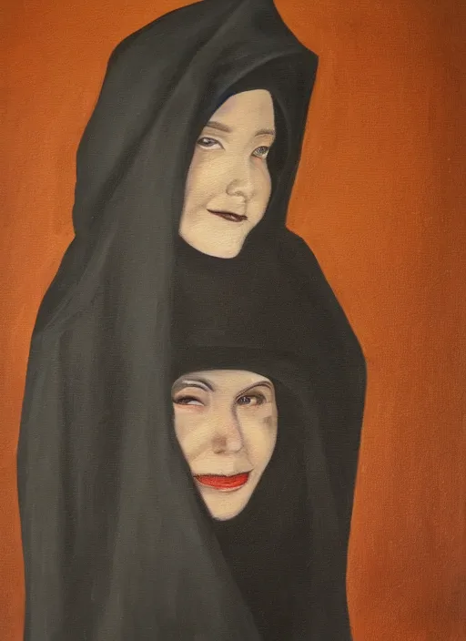 Prompt: a painting of portrait of a smiling wickedly witch with an hood, light from bottom, dark fantasy