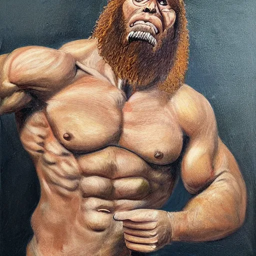 Prompt: a realistic muscular neanderthal man posing for a photoshoot painting, full body