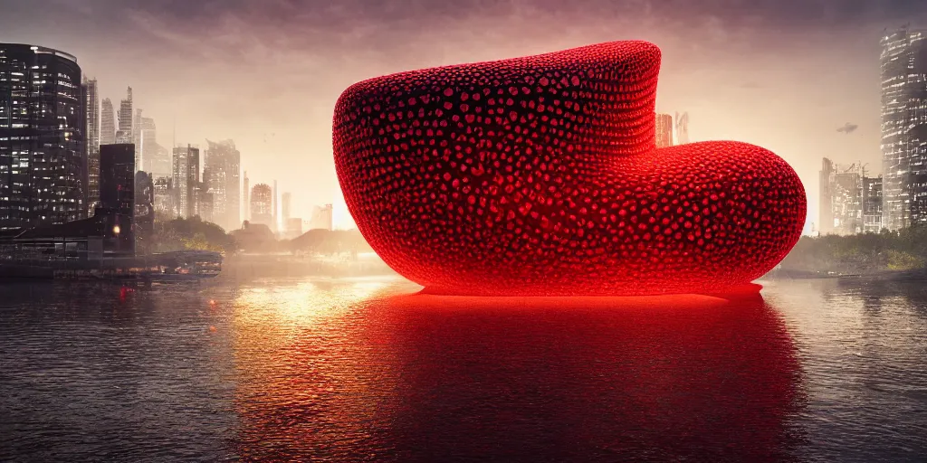 Image similar to An epic architectural rendering of a blob shaped trypophobia house with a mysterious red glow emitting from inside in a modern cityscape next to a river, stunning, gorgeous, golden ratio, photorealistic, featured on artstation, 4k resolution