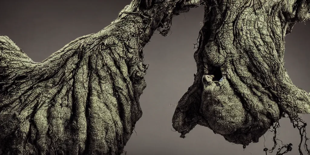 Image similar to a tree that resembles an ogre, closeup, studio lighting, deep colors, apocalyptic setting, dark