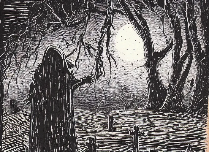 Prompt: two tone woodcut print, halloween ghost in graveyard at midnight by greg rutkowski, fine details, highly detailed