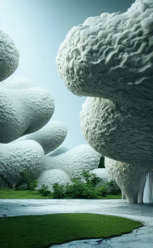 Image similar to highly detailed ultra sharp 3 d render cinematic composition of a smooth ceramic porcelain magnolia stone white fluid fractal sci - fi surreal architecture landscape, marble gold details, magnesium, foliage, archviz, vincent callebaut composition, mamou - mani, beautiful lighting, 8 k, unreal engine, hdr, dof