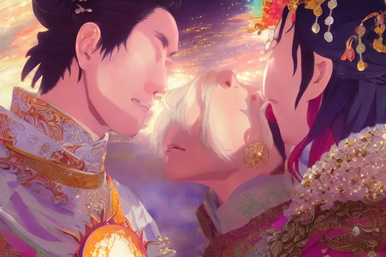 Image similar to close up moment of a divine a japan sun god and a moon goddess lovers magician at a wedding banquet, highly detailed, genshin, fantasy, 4 k realistic, digital painting, trending on artstation, concept art, sharp focus, illustration, art by makoto shinkai and akihiko yoshida and daniel gerhartz