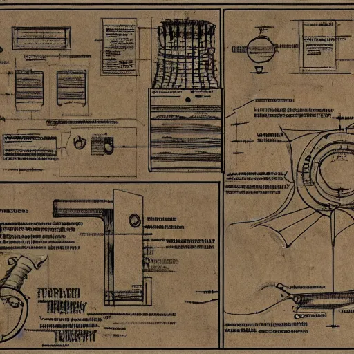Image similar to schematic for alien technology, aged, faded parchment, sketch, descriptions, highly detailed, 8 k,