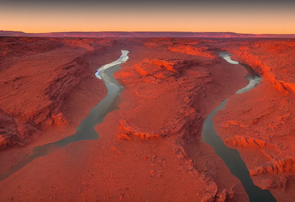 Image similar to a river bend running through a canyon surrounded by desert mountains at sunset on mars, planet mars, moab, utah, a tilt shift photo by frederic church, trending on unsplash, hudson river school, 3 5 mm photo, photo taken with provia, national geographic photo