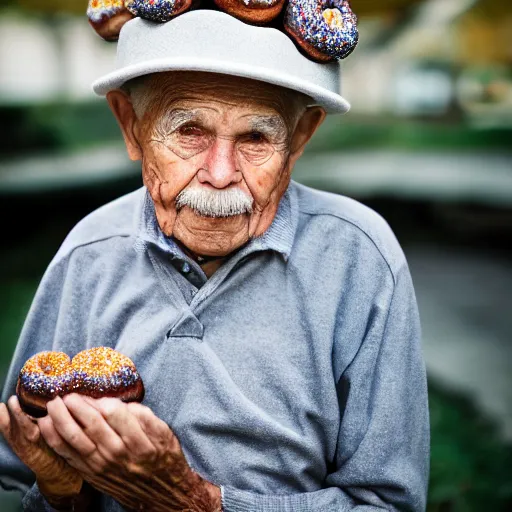 Image similar to an elderly man wearing a hat made from doughnuts, bold natural colors, national geographic photography, masterpiece, 8 k, raw, unedited, symmetrical balance