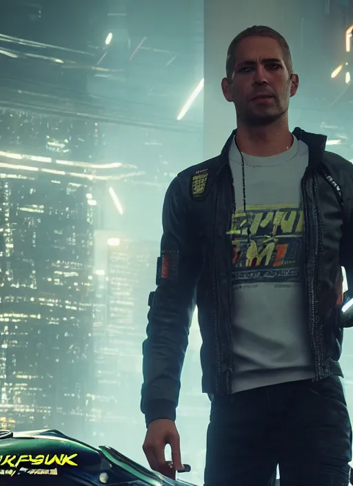 Image similar to film still of Paul Walker as Kerry Eurodyne in Cyberpunk 2077, gameplay, 8k, HD