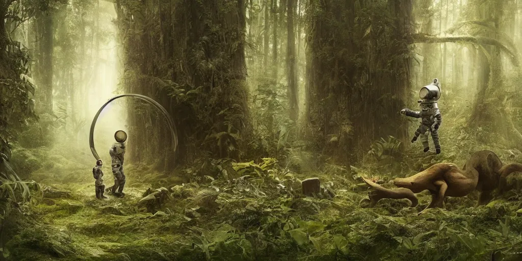 Prompt: an astronaut comes a across a strange creature in a forest, a detailed matte painting by frieke janssens, featured on cgsociety, fantasy art, matte painting, reimagined by industrial light and magic, matte drawing