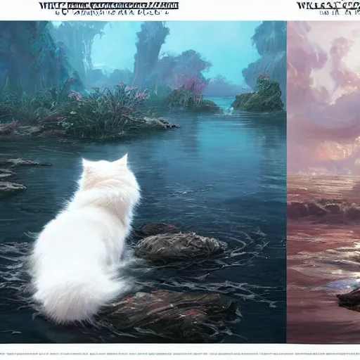 Image similar to white fluffy cat rising from the water. view from behind, wide angle view, back view. nuri iyem, james gurney, james jean, greg rutkowski. trending on artstation, starlight, and enchanted dreams