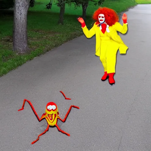 Prompt: ronald mcdonald trying to escape from spiders