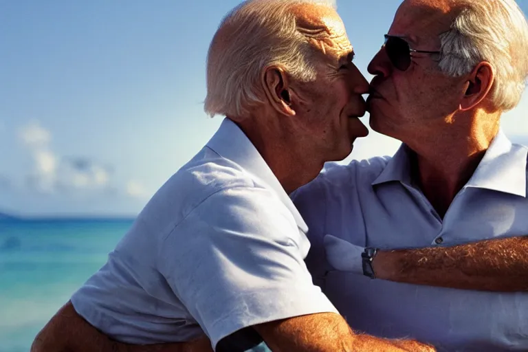 Prompt: closeup portrait of joe biden kissing jeffrey epstein on the cheek, on a sunny beach, us virgin islands, screen light, sharp,x detailed face, magazine, press, photo, Steve McCurry, David Lazar, Canon, Nikon, focus