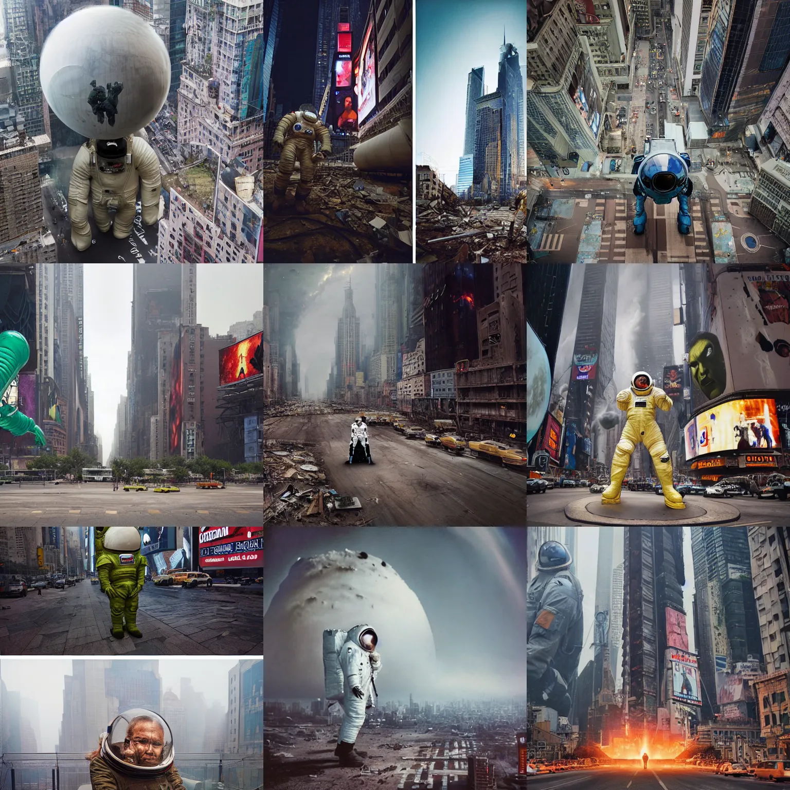 Prompt: giant hulked oversized american spacesuit astronaut in postapocalyptic times square nuclear bombing, overcast, extreme low angle, wide shot, by steve mccurry, by oleg oprisco, by thomas peschak, by nasal, by victor enrich, by gregory crewdson