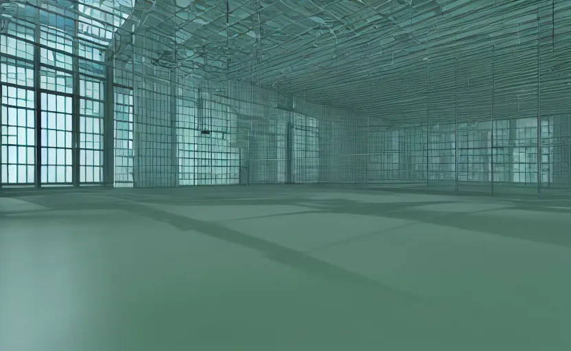 Image similar to empty room, open shiny floor, big solid colourful 3 d shapes, green house unreal engine and v - ray render.