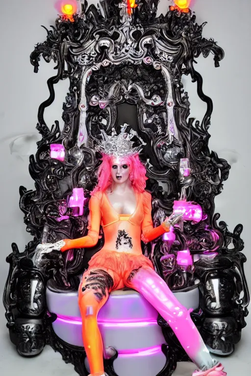 Image similar to full-body rococo and cyberpunk style neon statue of a seductive attractive Spanish android sin ropa reclining con las piernas abertas e la piroca e dotado, pecho peludo, ethereal white dripping tar, glowing orange lasers, pink tigers, glowing eyes, silver prince crown, black gears, pink diamonds, swirling mint-colored silk fabric. futuristic elements. full-length view. human skulls. large intricate artwork by caravaggio. Trending on artstation, octane render, cinematic lighting from the right, hyper realism, octane render, 8k, depth of field, 3D