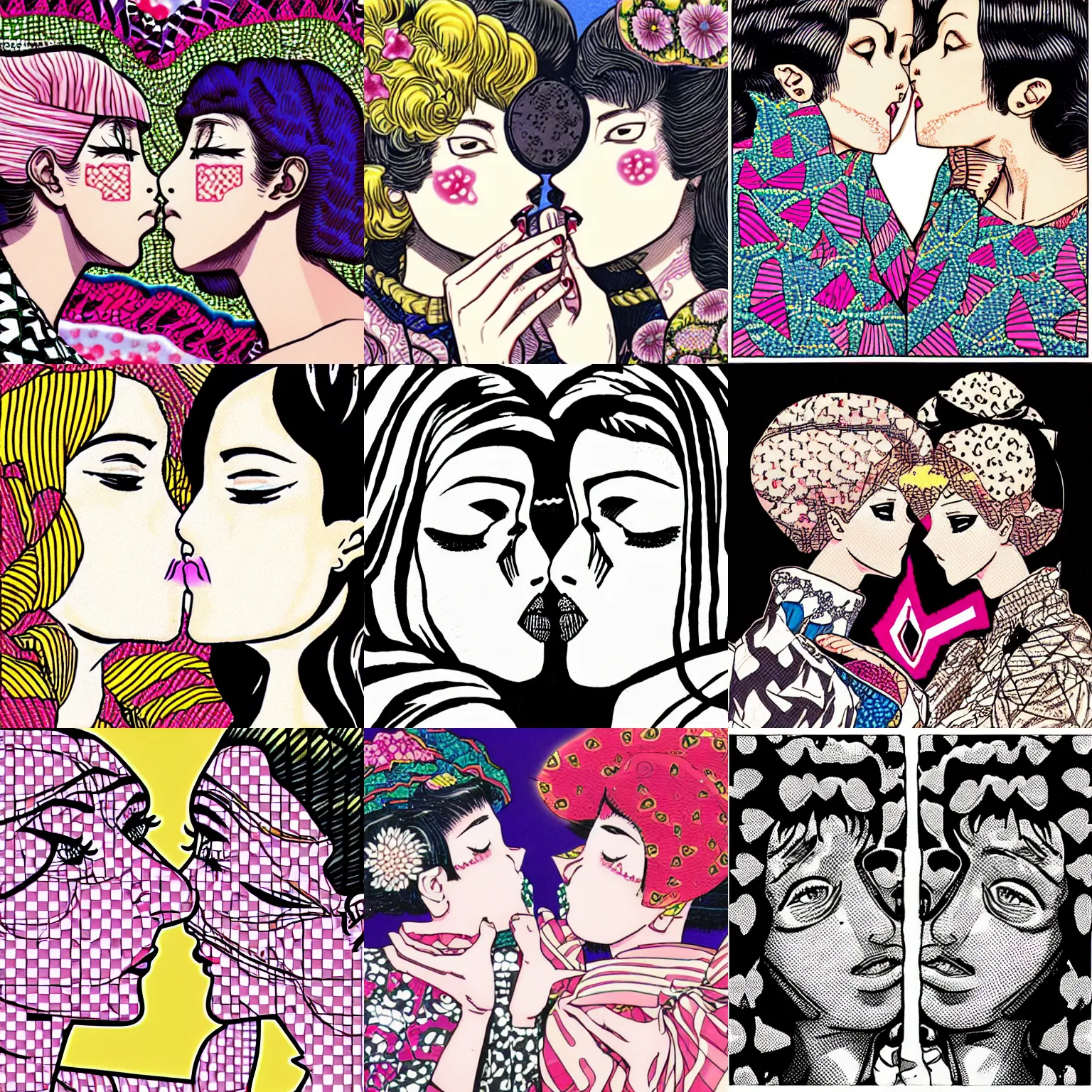 Prompt: extreme close - up of two women made of patterns kissing each other, manga art by araki, jojo's bizarre adventure key visual, sticker illustration