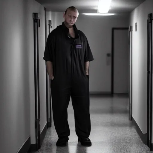 Prompt: man in jumpsuit with deformed face standing in a dimly lit hallway