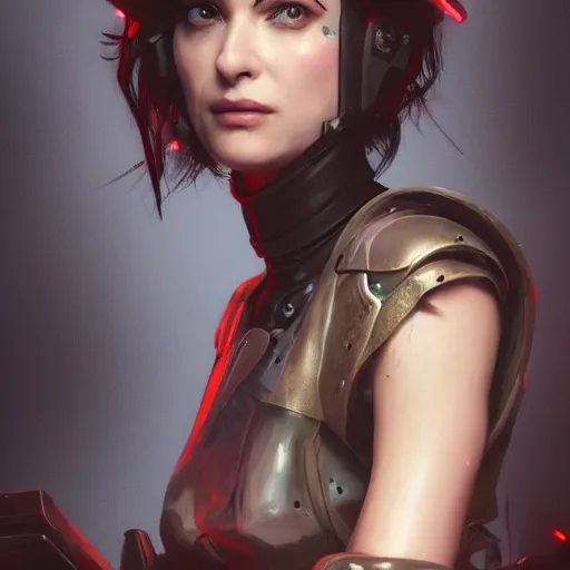 Image similar to winona ryder portrait, dystopia core, apocalyptic, armor, warrior, dramatic, sharp focus, fiction, neon, fantasy, hyper detailed, digital art, trending in artstation, cinematic lighting, studio quality, smooth render, unreal engine 5 rendered, octane rendered, art style and nixeu and wlop and krenz cushart