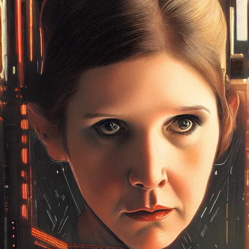 Prompt: a portrait of a young Carrie Fisher as a replicant from blade runner, detailed, centered, digital painting, artstation, concept art, donato giancola, Joseph Christian Leyendecker, WLOP, Boris Vallejo, Breathtaking, 8k resolution, extremely detailed, beautiful, establishing shot, artistic, hyperrealistic, beautiful face, octane render