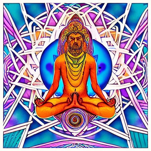 Prompt: colored pencil hatching bold lines sketch of a meditating yogi with ornate sacred geometry linework in the background, album cover hd