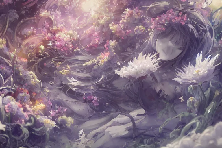 Image similar to dynamic composition, motion, ultra - detailed, incredibly detailed, a lot of details, amazing fine details and brush strokes, colorful and grayish palette, smooth, hd semirealistic anime cg concept art digital painting, watercolor oil painting of sea of flowers, in style of cytus and deemo, blue flame, relaxing, calm and mysterious vibes