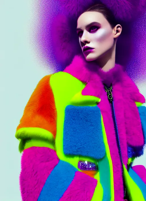 Image similar to coat for a rave, bright colors, many details, prints, photo for a magazine, photo for a store, fashion photography, Vogue, 135 mm, cinematic, hyper realism, high detail, octane render, 8k, chrome accents