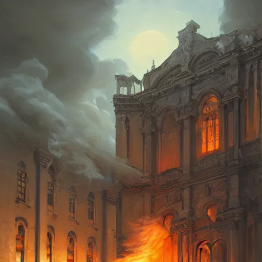 Image similar to portrait of a pipe organ facade surrounded by smoke, battle damage, sunset glow around the top, full portrait, intricate, dark, highly detailed, digital painting, artstation, concept art, smooth, sharp focus, illustration, art by greg rutkowski and caravaggio, background is a city in ruins, no people