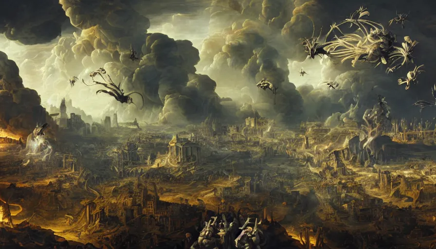 Image similar to 1 6 8 7's baroque painting of alien invasion on earth, destruction, fire and ashes, smoke columns, destroyed cities, day or night, hyperdetailed, artstation, cgsociety, 8 k