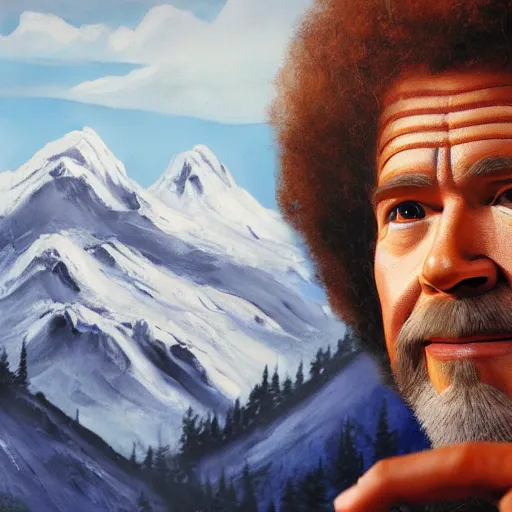 Image similar to a closeup photorealistic photograph of bob ross with a paintbrush and diligently finishing a canvas painting of iron man. mountains and trees. film still. brightly lit scene. this 4 k hd image is trending on artstation, featured on behance, well - rendered, extra crisp, features intricate detail, epic composition and the style of unreal engine.