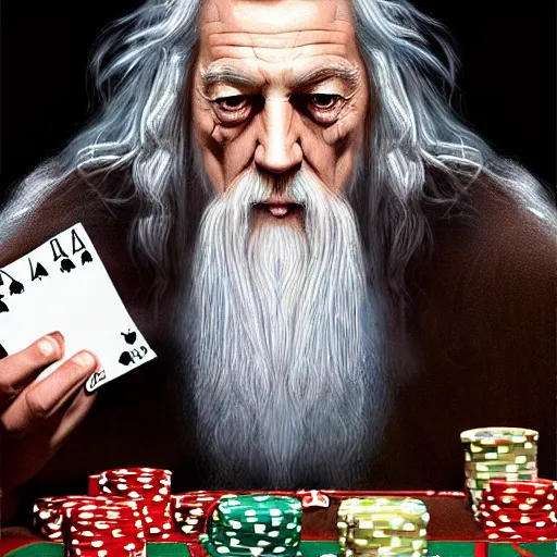 Image similar to gandalf playing poker, casino, highly detailed, digital art