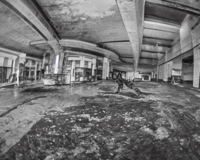 Prompt: Close up camera footage of a a Feral Black Wolvf with severe late stage rabies in an abandoned shopping mall, Wolf Running Directly toward camera, It Follows :7 , high exposure, dark, monochrome, camera, grainy, CCTV, security camera footage, timestamp, zoomed in, Creepy, Feral, fish-eye lens, Rabid, Dire Wolf, Nightmare Fuel, Wolf, Evil, Stalking, Bite, Motion Blur, horrifying, lunging at camera :4 Blood on floors, windows and walls :5