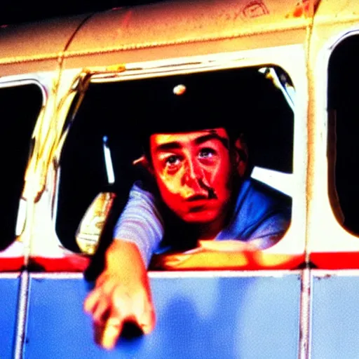 Prompt: gonzo reporter retro photo of drunked elon musk aka bus driver in bus, fear and loathing in las vegas style, by hunter thompson