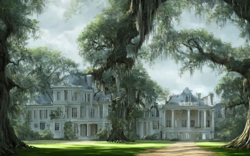 Image similar to a southern plantation, ornate large white manor house, long tree-lined driveway, romanticism, hyperdetailed, artstation, cgsociety, 8k, masterpiece