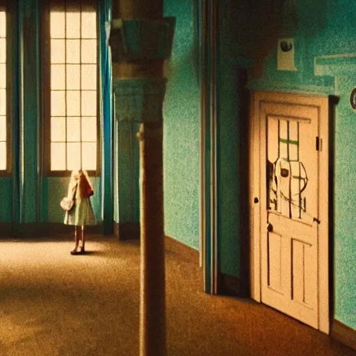 Image similar to a lonely girl in an haunted liminal abandoned room, film still by wes anderson, limited color palette, very intricate, art nouveau, highly detailed, lights by hopper, soft pastel colors