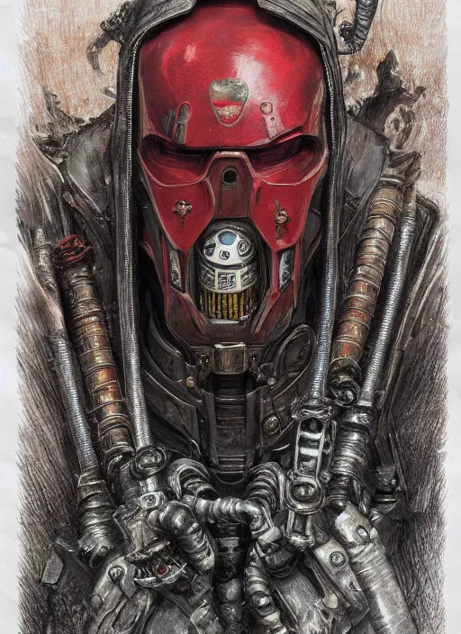 Image similar to portrait of rotten Nicolas Cage as adeptus mechanicus in red hood and robe from Warhammer 40000. Highly detailed, artstation, illustration by and John Blanche and zdislav beksinski and wayne barlowe and Gustav Klimt