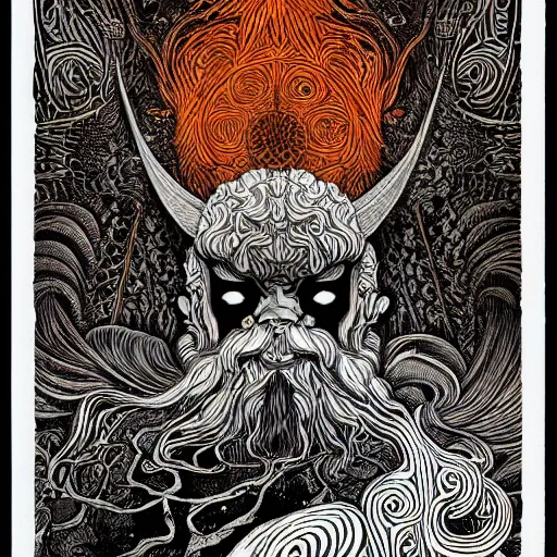 Prompt: detailed viking god, by Hokusai and James Gurney, Black paper with intricate and vibrant chromatic line work Tarot Card, Mandelbulb Fractal, Full of silver layers, Portrait, Trending on Artstation, Incredible orange and black gothic illustration