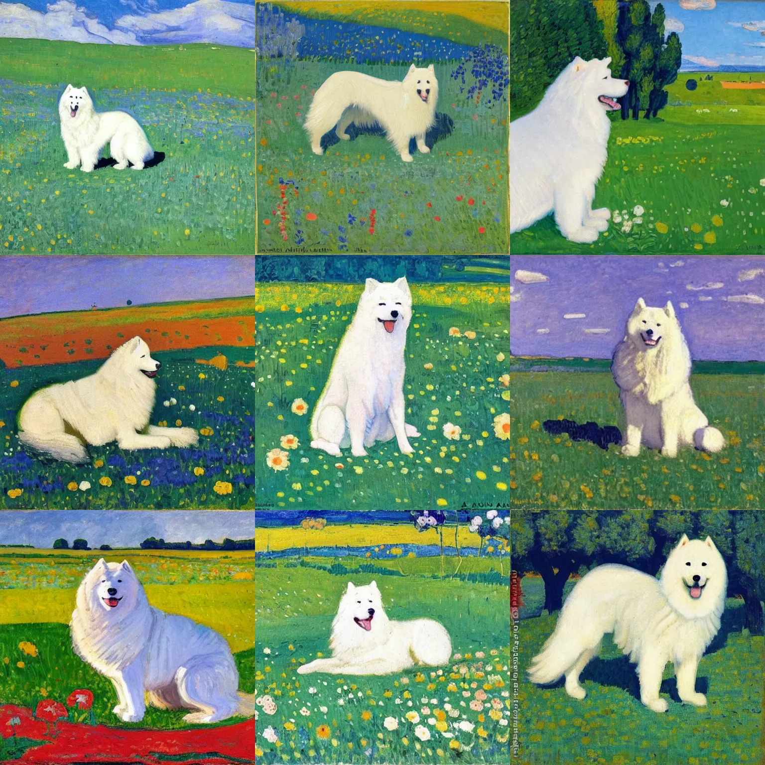 Prompt: a samoyed dog sitting in the middle of sunny meadow, by cuno amiet