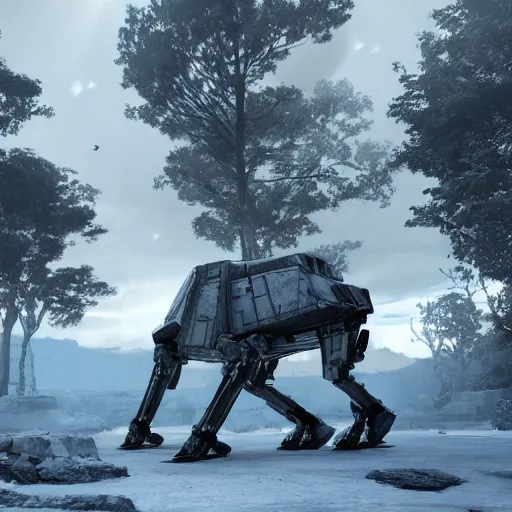 Prompt: a hyperrealistic octane render of a star wars at - at in the pose of the thinker by auguste rodin, unreal engine, 8 k, dramatic lighting, volumetric lighting, hyper detailed, photorealistic