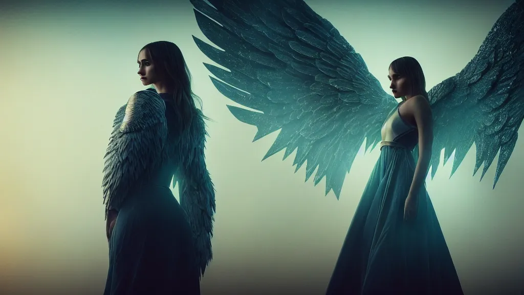 Image similar to angel, big wings, low key light, full plate armor with cloth, f 1 6, bokeh, blade runner 2 0 4 9, medium portrait, gentle, female, ornate city ruins, landscape, d & d, fantasy, intricate, elegant, highly detailed, teal white gold color palette, roger deakins, sharp focus, greg rutkowski and alphonse mucha