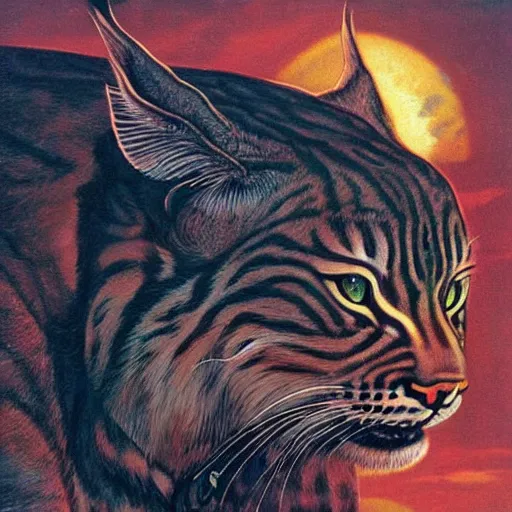 Image similar to giant distorted lynx cat looming over the horizon of a broken earth, perfectly clear face, by j. c. leyendecker and beksinski