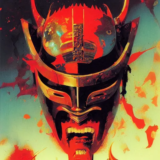 Image similar to samurai mask on hell by john berkey, mario feng, mohamed reda, victo ngai, andreas rocha, john harris