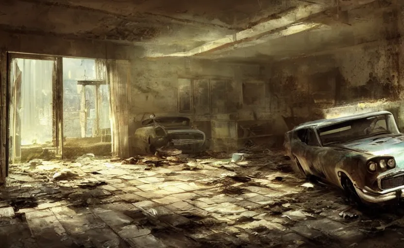 Prompt: the old car is in a ruined penthouse, painting by Craig Mullins, octane rendering, soft morning lighting, wide angle lens, in the style of Hayao Miyazaki, trending on artstation,