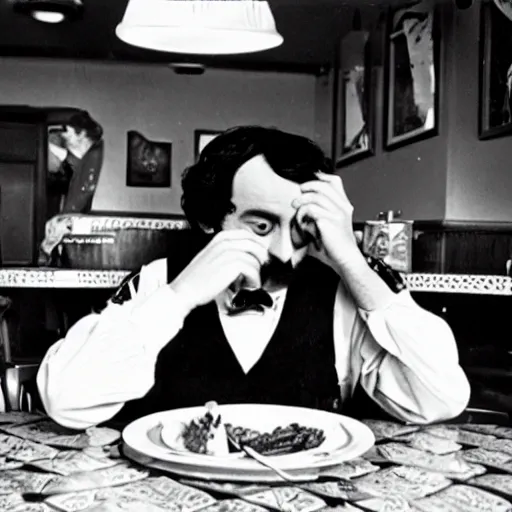 Image similar to edgar allen poe eating at a diner, photography, 8 k, 6 0 s,