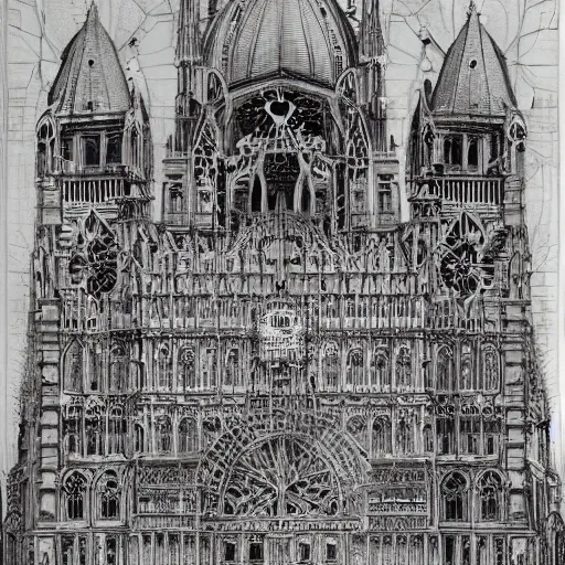 Prompt: leonardo da vinci intricate full page blueprint of concept an enormous cathedral facade, covered with different types of antennas, light signage, luminous advertisements, satellite dishes, hyper detailed, ultra - detailed technical precision, hypermaximalist, elegant, ornate, symmetrical, akira, ghost in the shell, cinematic lighting,, intricate, 8 k, night