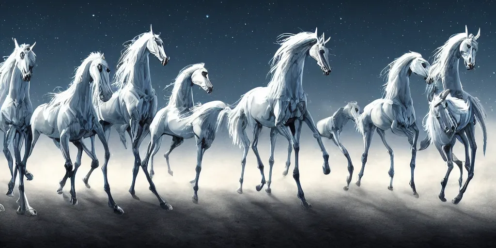 Prompt: a group of cyan spectral transparent ghost skeletal horses with ghastly knights fly overhead in the starry twilight sky, high detail, sharp, digital art