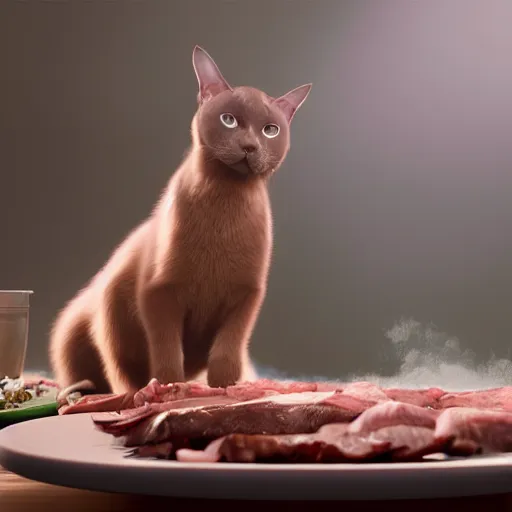 Prompt: cute burmese cat sniifing a plate of meat, sharp focus, octane render, volumetric lighting, 8k high definition, by greg rutkowski, highly detailed, trending on art Station